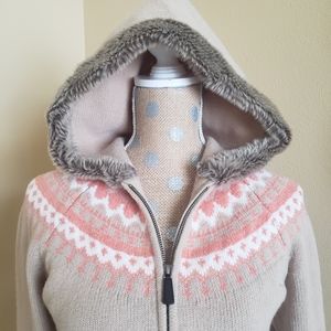 Gap 100% lambswool fairisle zip sweater hood faux fur trim medium tan